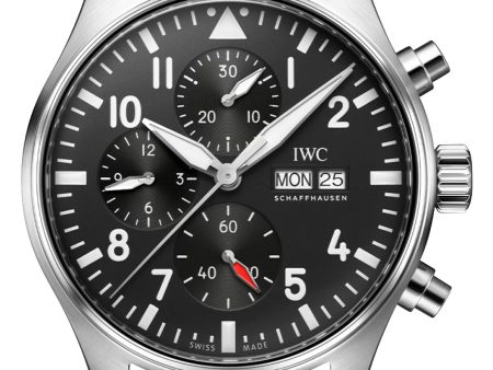 IWC Pilot s Automatic Chronograph Stainless Steel Black Dial Black Leather Strap Day Date Mens Watch IW378001 For Sale