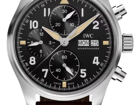 IWC Pilot s Spitfire Automatic Chronograph Stainless Steel Black Dial Brown Leather Strap Day Date Mens Watch IW387903 For Sale