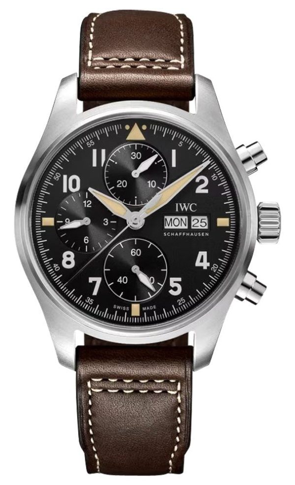 IWC Pilot s Spitfire Automatic Chronograph Stainless Steel Black Dial Brown Leather Strap Day Date Mens Watch IW387903 For Sale