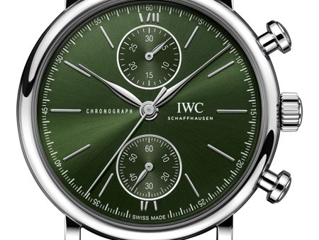 IWC Portofino Automatic Chronograph Stainless Steel Green Dial Green Leather Strap Mens Watch IW391405 For Cheap