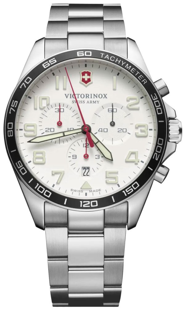 Victorinox Swiss Army FieldForce Chronograph  Stainless Steel Mens Watch White Dial Calendar 241856 Hot on Sale