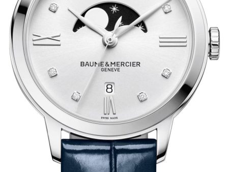 Baume & Mercier Classima Stainless Steel Silver Dial Diamonds Blue Leather Strap Moonphase Date Quartz Womens Watch M0A10329 For Discount