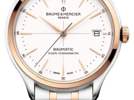 Baume & Mercier Clifton Baumatic COSC Automatic 18K Rose Gold & Steel White Dial Date Mens Watch M0A10458 Sale