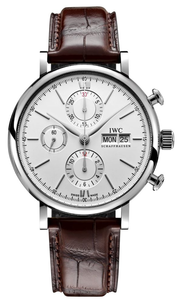 IWC Portofino Automatic Chronograph Stainless Steel Silver Dial Brown Leather Strap Day Date Mens Watch IW391027 For Cheap