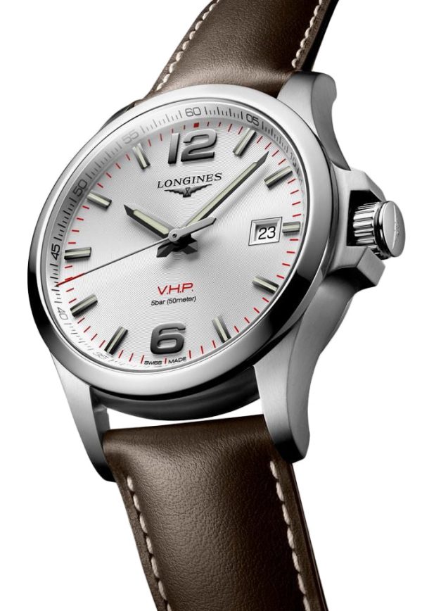 Longines Conquest V.H.P. Stainless Steel Silver Dial Brown Leather Strap Perpetual Calendar Date Quartz Mens Watch L3.716.4.76.5 For Discount