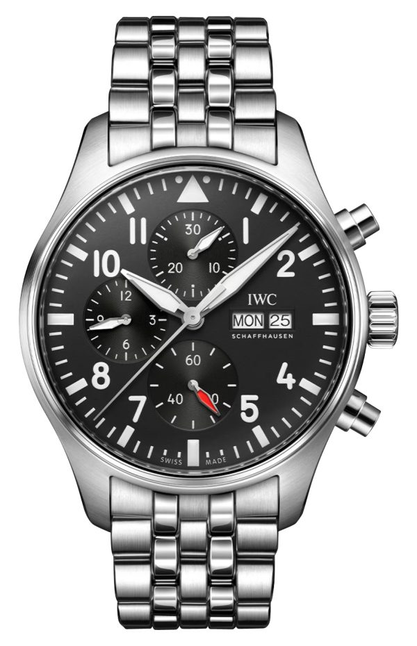 IWC Pilot s Automatic Chronograph Stainless Steel Black Dial Day Date Mens Watch IW378002 on Sale