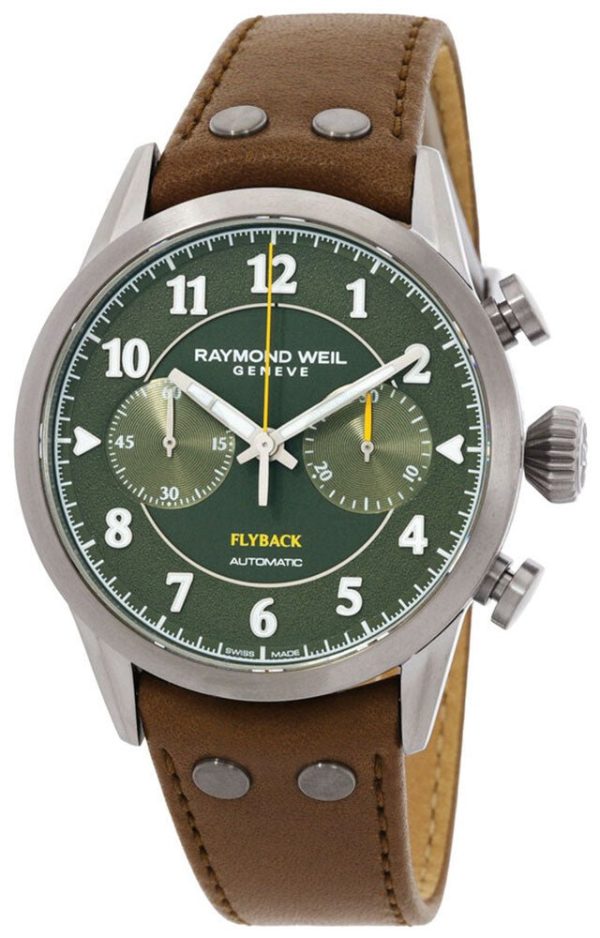 Limited Edition Raymond Weil Freelancer Automatic Pilot Flyback Chronograph Gray PVD Green Dial Brown Leather Strap Mens Watch 7783-TIC-05520 Sale