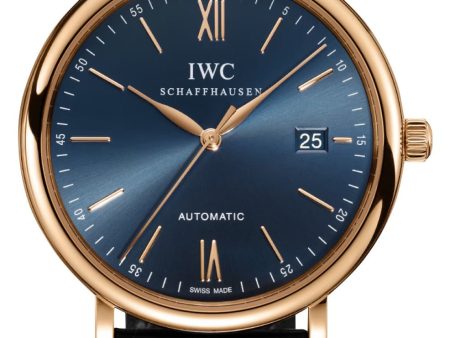 IWC Portofino Automatic 18K Rose Gold Blue Dial Black Leather Strap Date Mens Watch IW356522 For Discount