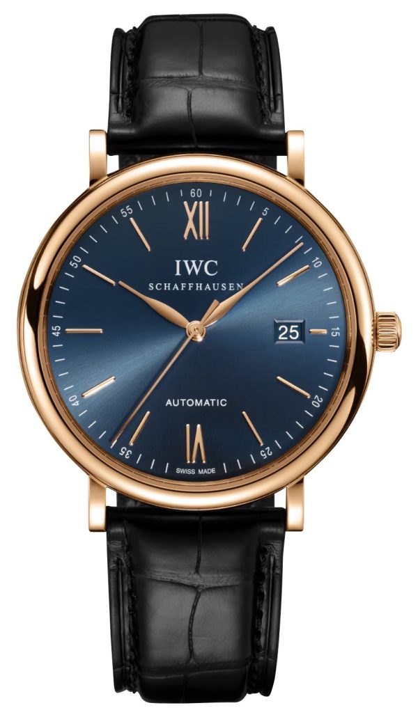 IWC Portofino Automatic 18K Rose Gold Blue Dial Black Leather Strap Date Mens Watch IW356522 For Discount