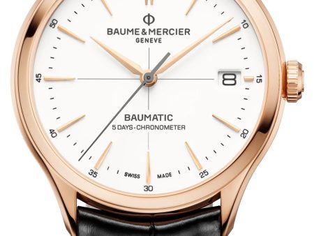 Baume & Mercier Clifton Baumatic COSC Automatic 18K Rose Gold White Dial Black Leather Strap Date Mens Watch M0A10469 Discount