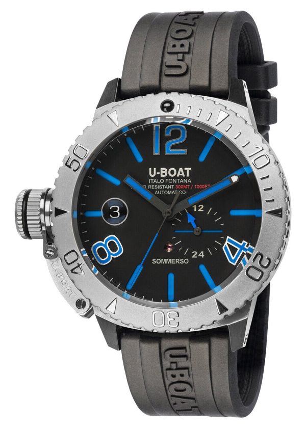 U-Boat Sommerso Automatic Stainless Steel Black Dial Black Rubber Strap Date Divers Mens Watch 9014 Discount