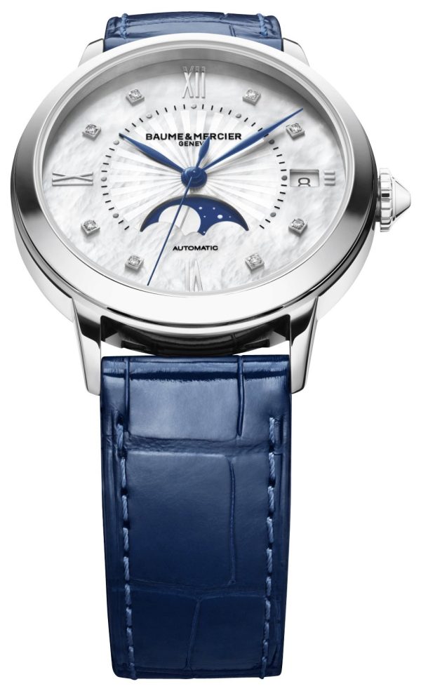 Baume & Mercier Classima Automatic Stainless Steel Mother-Of-Pearl Dial Diamonds Blue Leather Strap Moonphase Date Womens Watch M0A10633 Online now