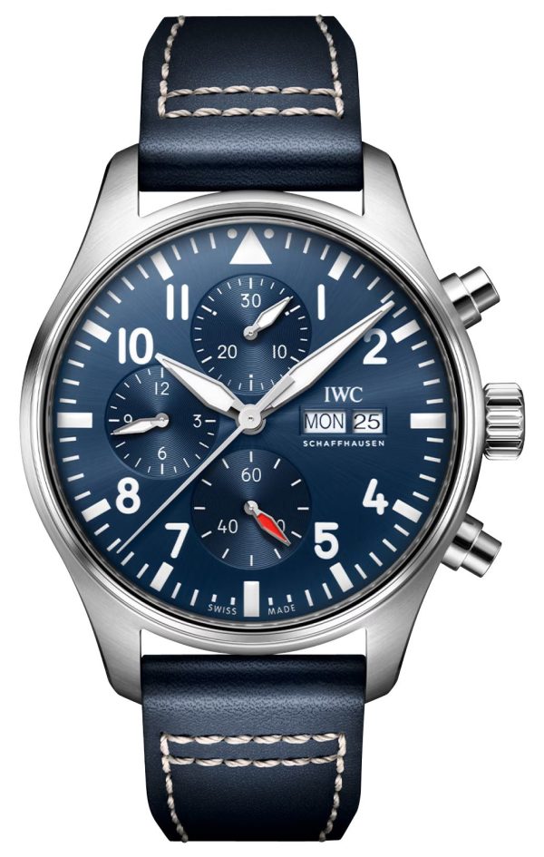 IWC Pilot s Automatic Chronograph Stainless Steel Blue Dial Blue Leather Strap Day Date Mens Watch IW378003 Online Sale