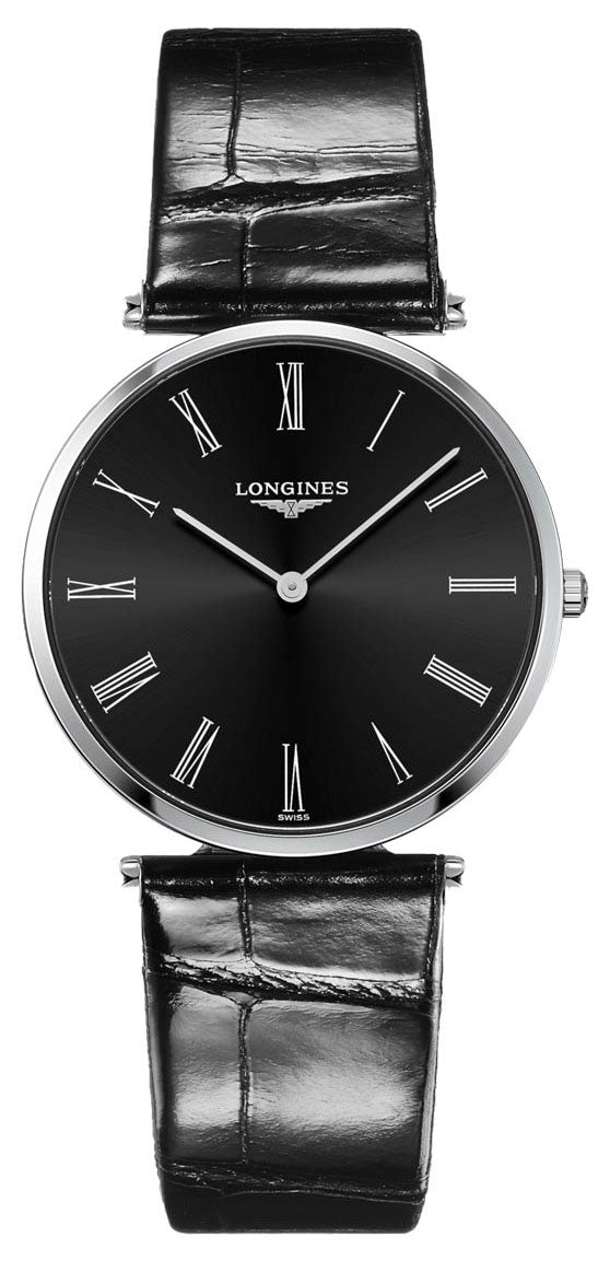 Longines La Grand Classique Stainless Steel Black Dial Black Leather Strap Quartz Unisex Watch L4.755.4.51.2 For Sale