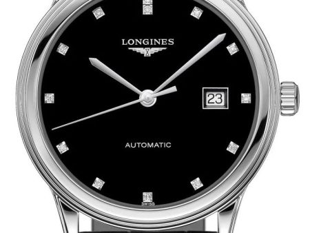 Longines Flagship Automatic Stainless Steel Black Dial Black Leather Strap Diamonds Date Mens Watch L4.984.4.57.2 For Sale