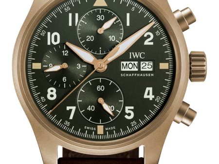 IWC Pilot s Spitfire Automatic Chronograph Bronze Green Dial Brown Leather Strap Day Date Mens Watch IW387902 Sale