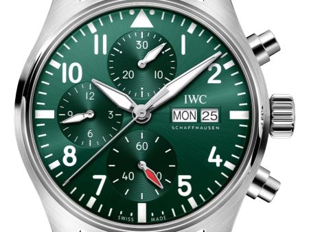 IWC Pilot s Automatic Chronograph Stainless Steel Green Dial Brown Leather Strap Day Date Mens Watch IW388103 on Sale