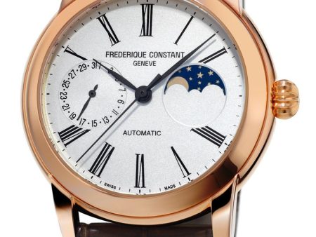 Frederique Constant Classic Moonphase Manufacture Rose Gold Tone Steel Automatic Silver Dial Brown Leather Strap Mens Watch FC-712MS4H4 Hot on Sale