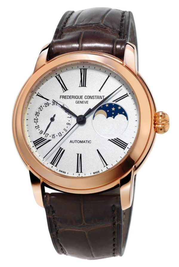 Frederique Constant Classic Moonphase Manufacture Rose Gold Tone Steel Automatic Silver Dial Brown Leather Strap Mens Watch FC-712MS4H4 Hot on Sale