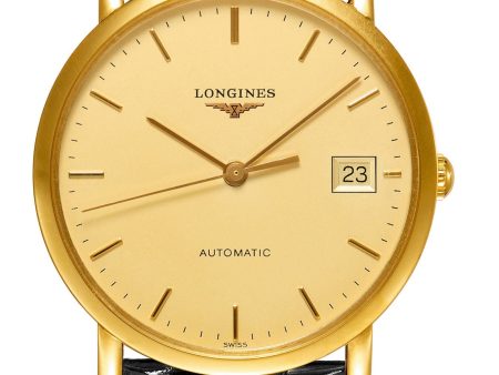 Longines Elegant Automatic 18K Yellow Gold Champagne Dial Black Leather Strap Date Womens Watch L4.778.6.32.0 Online now