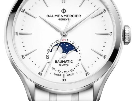 Baume & Mercier Clifton Baumatic Automatic Stainless Steel White Dial Moonphase Date Mens Watch M0A10552 Discount