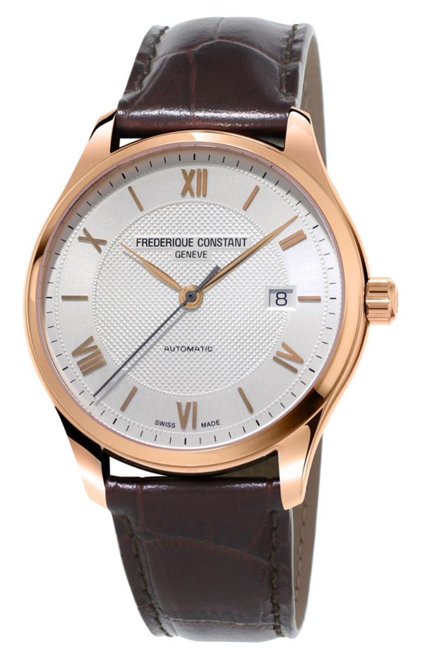 Frederique Constant Classics Index Automatic Rose Gold Tone Steel Silver Dial Date Brown Leather Strap Mens Watch FC-303MV5B4 Fashion