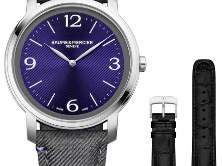 Baume & Mercier Classima Stainless Steel Violet Dial Gray Fabric Interchangeable Black Leather Strap Quartz Mens Watch M0A10706 For Cheap