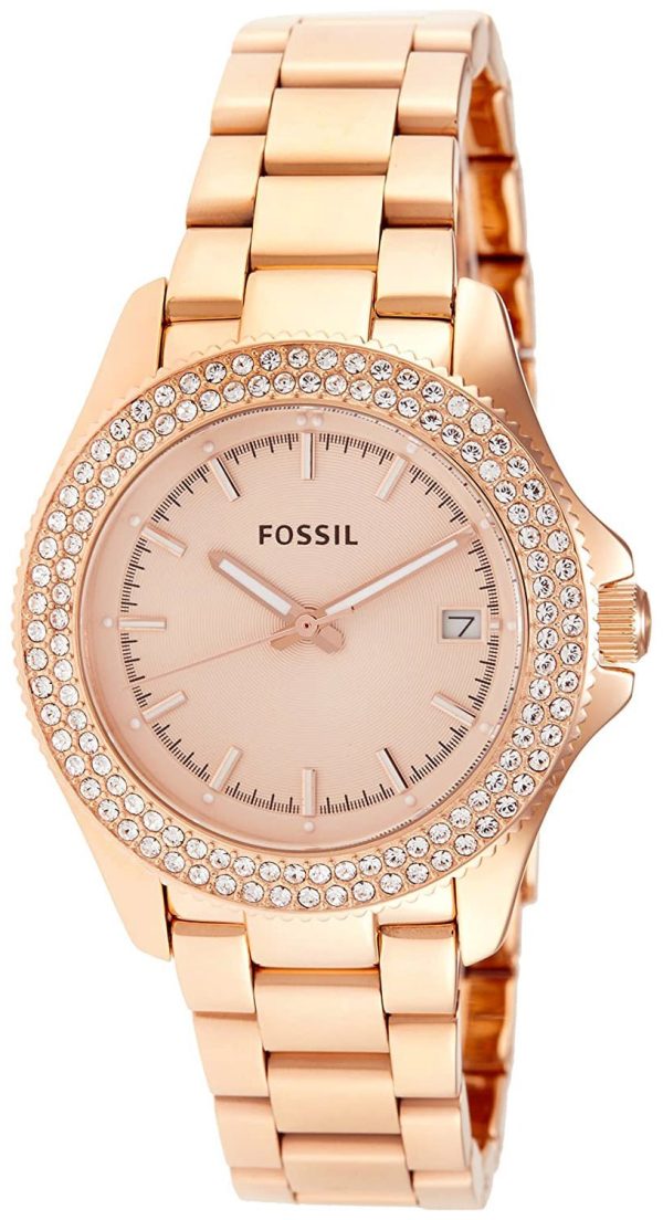 Fossil Retro Traveller Rose Gold-Tone Stainless Steel Rose Gold Dial Date Crystals Quartz Womens Watch AM4454 For Cheap