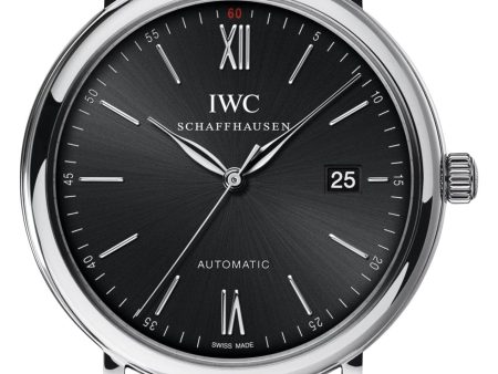 IWC Portofino Automatic Stainless Steel Black Dial Black Leather Strap Date Mens Watch IW356502 Online Sale