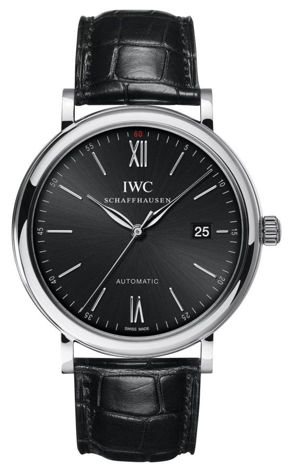 IWC Portofino Automatic Stainless Steel Black Dial Black Leather Strap Date Mens Watch IW356502 Online Sale