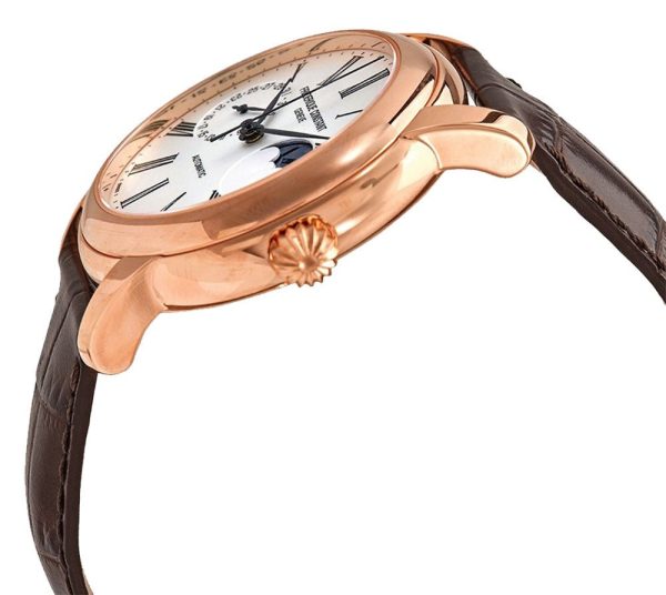 Frederique Constant Classic Moonphase Manufacture Rose Gold Tone Steel Automatic Silver Dial Brown Leather Strap Mens Watch FC-712MS4H4 Hot on Sale