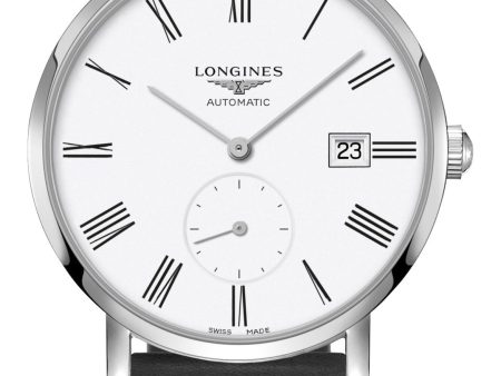 Longines Elegant Automatic Stainless Steel White Dial Black Leather Strap Date Unisex Watch L4.812.4.11.0 Cheap