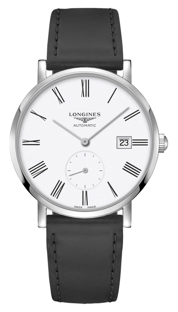 Longines Elegant Automatic Stainless Steel White Dial Black Leather Strap Date Unisex Watch L4.812.4.11.0 Cheap