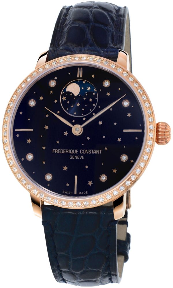 Frederique Constant Slimline Moonphase Stars Manufacture Automatic Rose Gold-Plated Blue Leather Strap Blue Dial Diamonds Womens Watch FC-701NSD3SD4 Supply