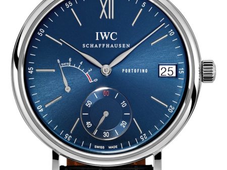 IWC Portofino Hand-Wound Eight Days Power Reserve Manual Wind Stainless Steel Blue Dial Black Leather Strap Date Mens Watch IW510106 For Sale