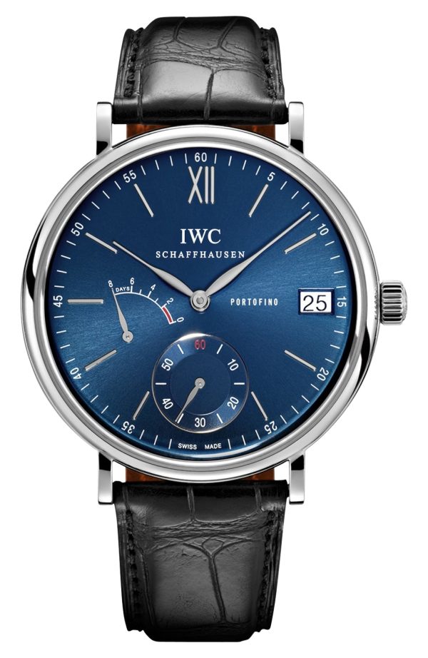 IWC Portofino Hand-Wound Eight Days Power Reserve Manual Wind Stainless Steel Blue Dial Black Leather Strap Date Mens Watch IW510106 For Sale