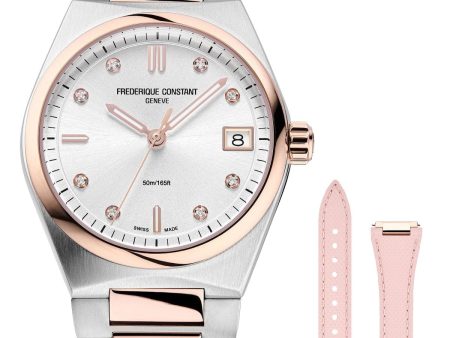 Frederique Constant Highlife Steel & Rose Gold Plated Silver Dial Diamonds Interchangeable Pink Rubber Strap Date Quartz Womens Watch FC-240VD2NH2B Online Sale