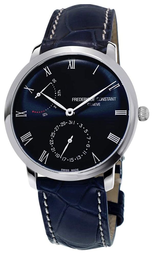 Frederique Constant Slimline Power Reserve Automatic Stainless Steel Blue Dial Blue Leather Strap Date Mens Watch FC-723NR3S6 Sale