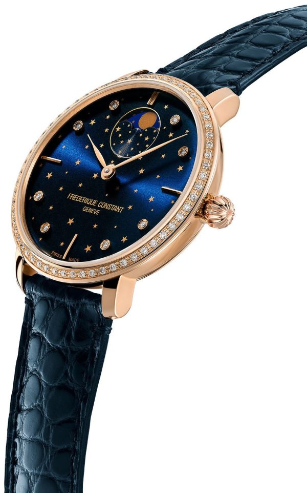 Frederique Constant Slimline Moonphase Stars Manufacture Automatic Rose Gold-Plated Blue Leather Strap Blue Dial Diamonds Womens Watch FC-701NSD3SD4 Supply