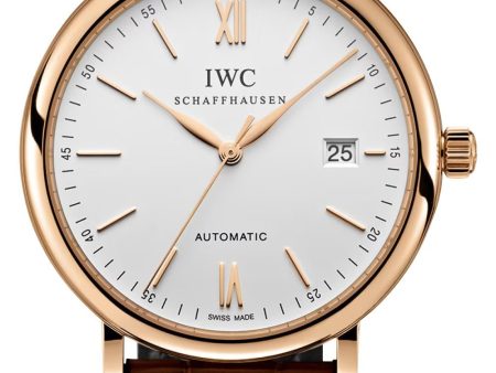 IWC Portofino Automatic 18K Rose Gold Silver Dial Brown Leather Strap Date Mens Watch IW356504 Cheap