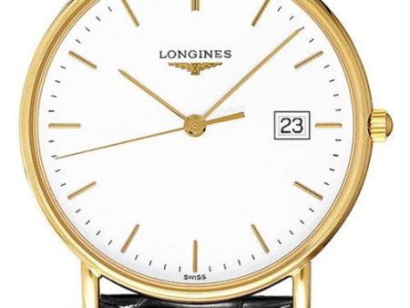 Longines Presence 18kt Gold Black Leather Strap White Dial Date Mens Watch L4.743.6.12.2 Online Sale