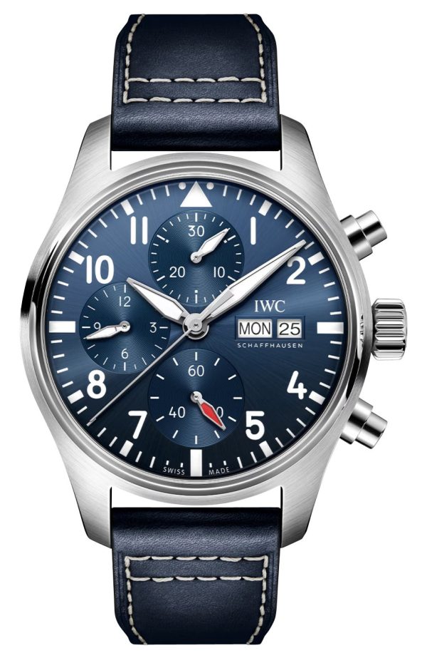 IWC Pilot s Automatic Chronograph Stainless Steel Blue Dial Blue Leather Strap Day Date Mens Watch IW388101 Online Hot Sale