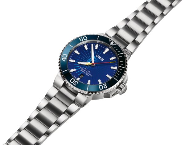 Limited Edition Oris Aquis Sun Wukong Automatic Stainless Steel Blue Dial Date Divers Mens Watch 733 7766 4185-Set Online now