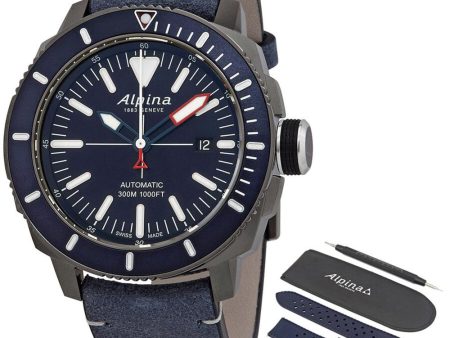 Alpina Seastrong Diver 300 Automatic Titanium PVD Case Blue Leather Strap Blue Dial Interchangeable Blue Rubber Strap Date Mens Watch AL-525LNN4TV6 For Discount