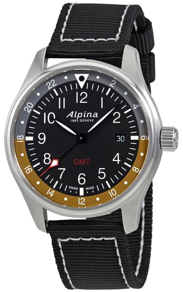 Alpina Startimer Pilot GMT Stainless Steel Black Canvas Black Dial Date Quartz Mens Watch AL-247BBG4S6 Online Hot Sale