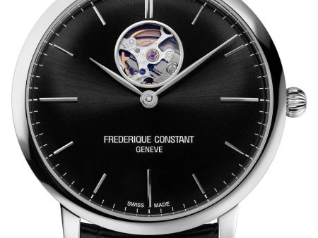 Frederique Constant Slimline Heart Beat Automatic Stainless Steel Black Dial Black Leather Strap Mens Watch FC-312B4S6 Cheap