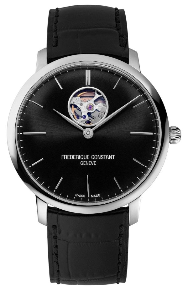 Frederique Constant Slimline Heart Beat Automatic Stainless Steel Black Dial Black Leather Strap Mens Watch FC-312B4S6 Cheap