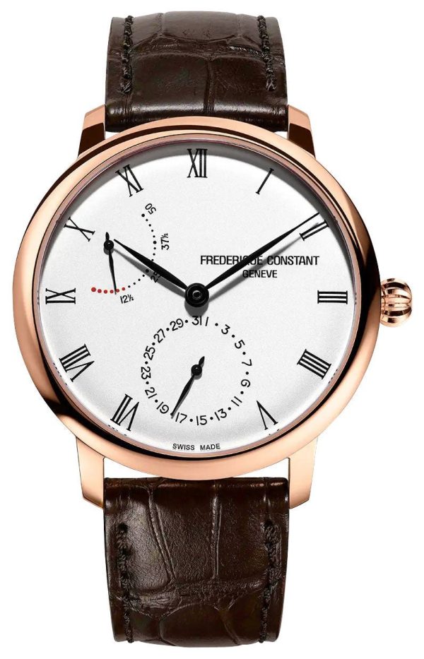 Frederique Constant Slimline Power Reserve Automatic Rose Gold Plated Silver Dial Brown Leather Strap Date Mens Watch FC-723WR3S4 Fashion