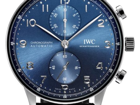 IWC Portugieser Automatic Chronograph Stainless Steel Blue Dial Black Leather Strap Mens Watch IW371606 Hot on Sale