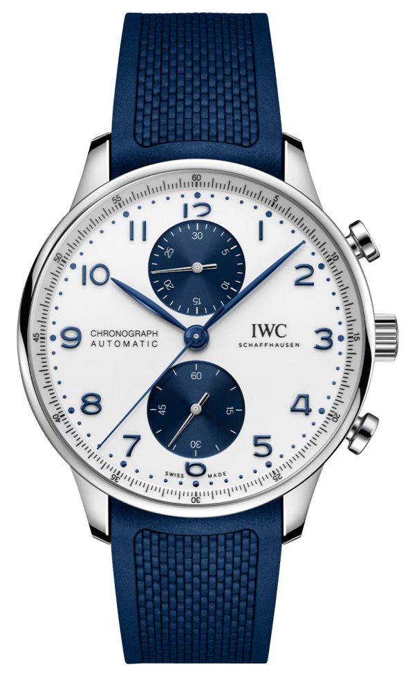 IWC Portugieser Automatic Chronograph Stainless Steel White Dial Blue Rubber Strap Mens Watch IW371620 Fashion